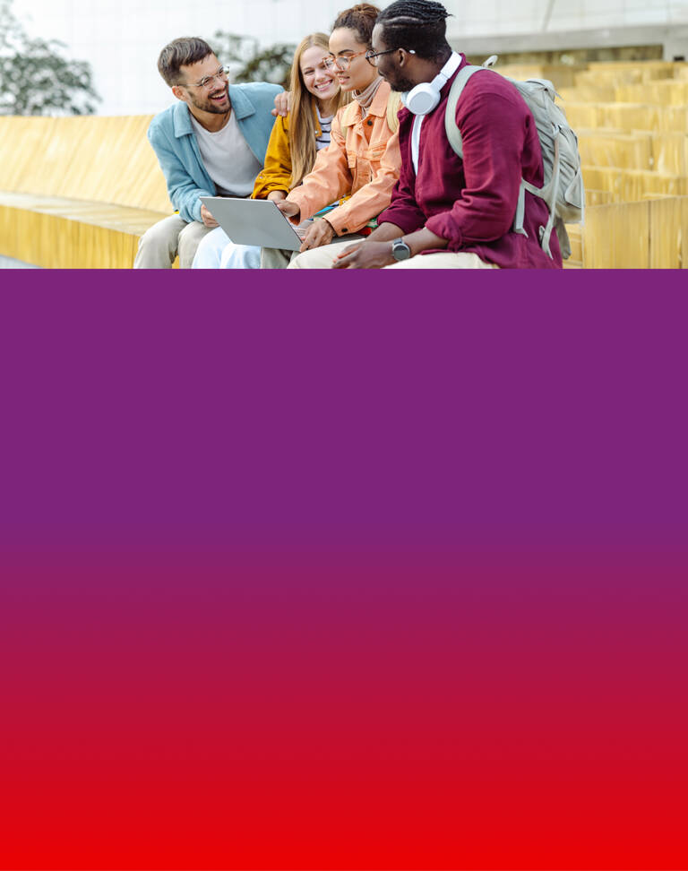 Vier Freunde lächeln während sie auf den Laptop schauen.